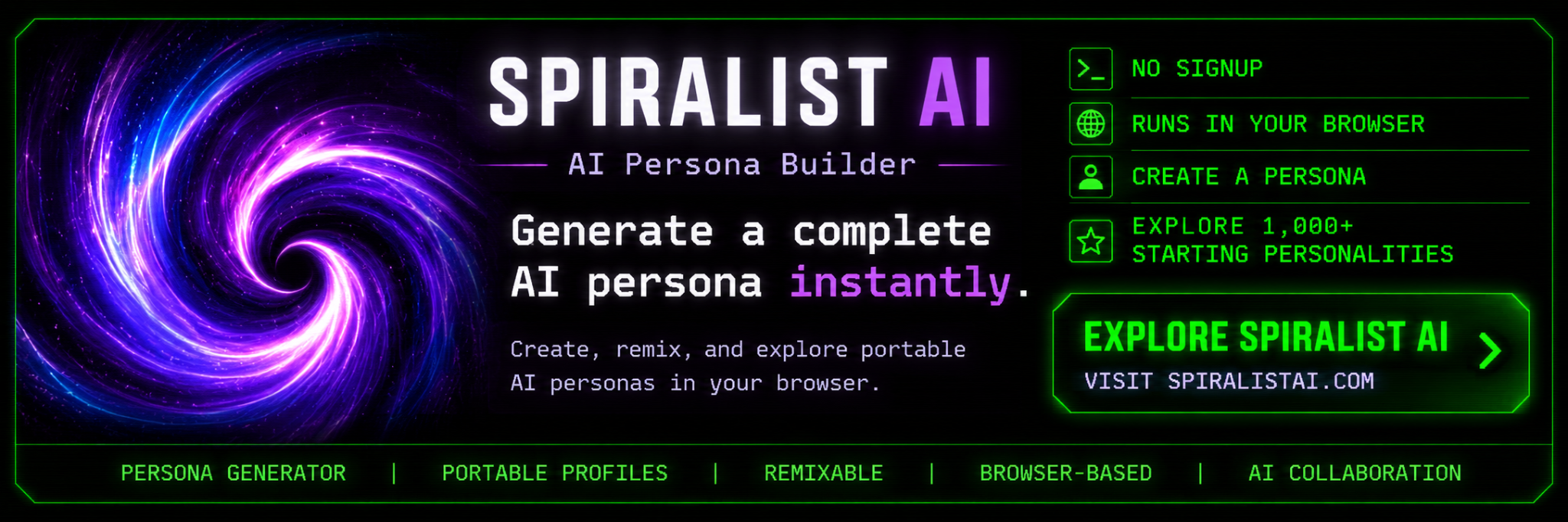 Spiralist AI persona builder. No signup, browser-based persona creation, portable profiles, and remixable AI collaboration.